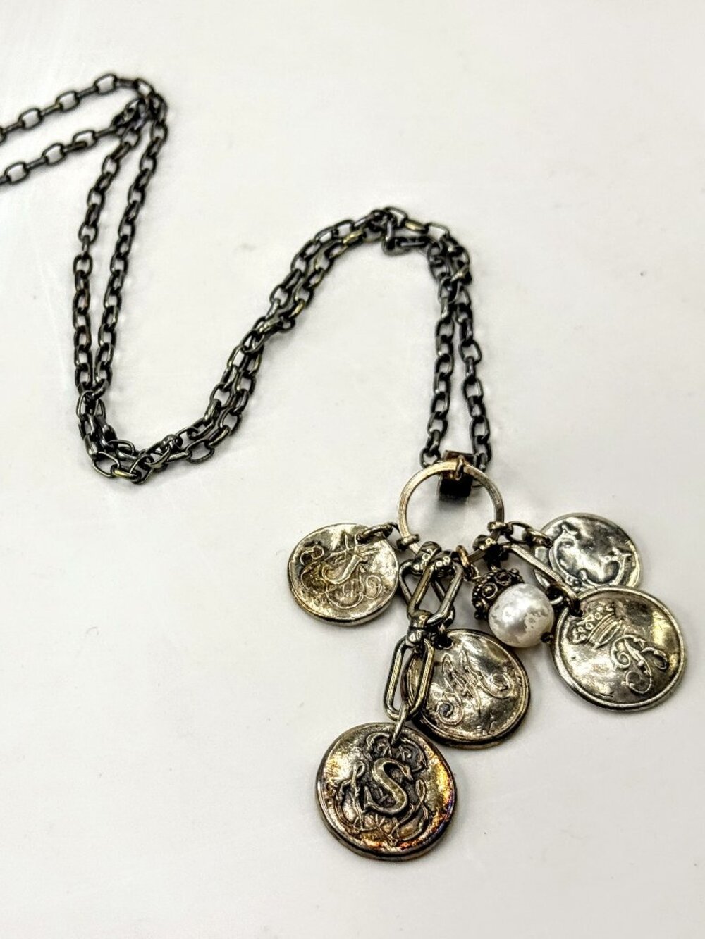 Vintage Heavy Sterling Silver Monogram Disc Charm Pearl Necklace 26" JR1670